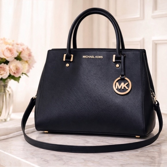 Michael Kors Handbags - Michael Kors Black Leather Satchel with Gold MK Charm + Dust bag included